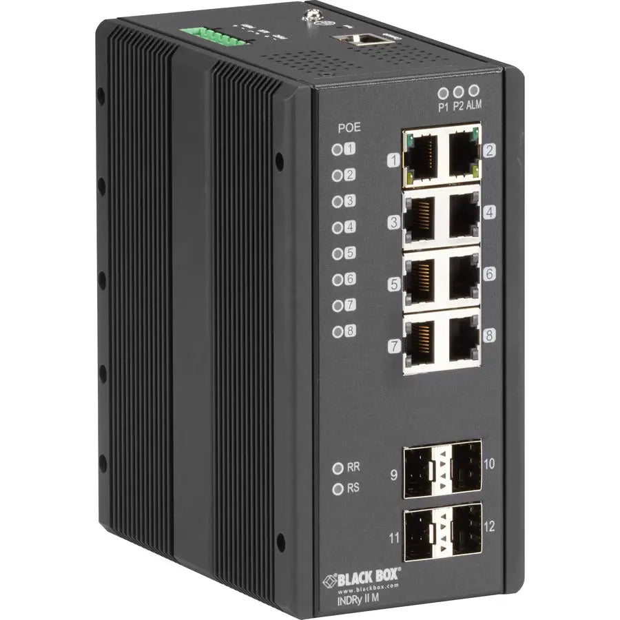 Black Box Corporation LIE1014A Hardened Managed Ethernet Switch - DIN Rail and Wall Mountable Gigabit Switch with PoE, SFP Slots, and Redundancy