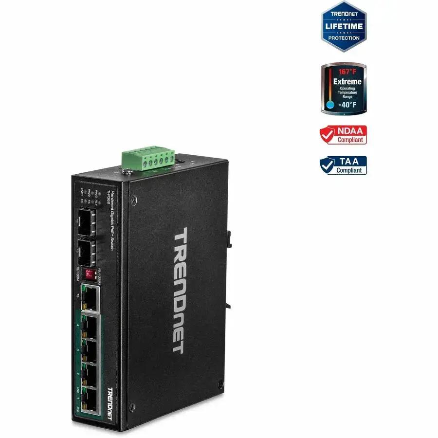TRENDnet TI-PG62 6-Port Hardened Industrial Gigabit PoE+ DIN-Rail Switch with Redundant Power and Extreme Temperature Range by TRENDnet