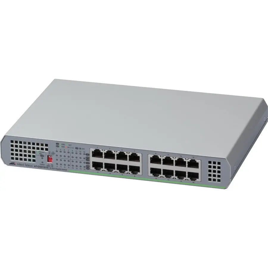 Allied Telesis AT-GS910/16 16-Port Gigabit Ethernet Switch – Unmanaged, Wall Mountable, Eco-Friendly