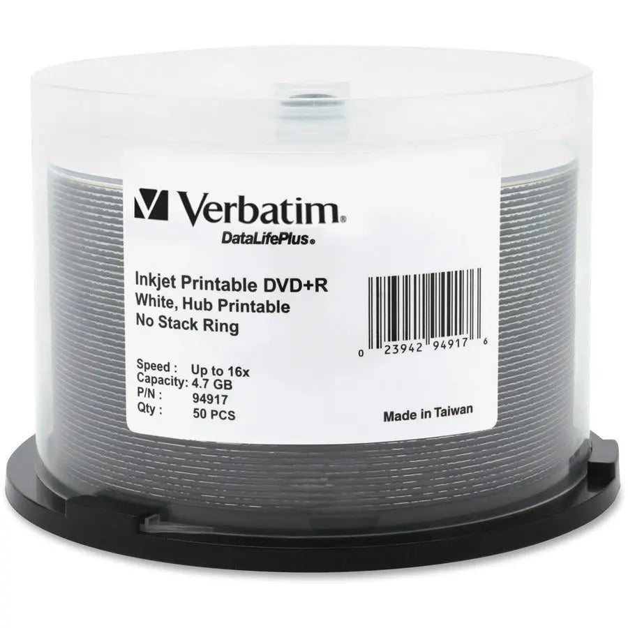 Verbatim DataLifePlus 16X White Inkjet Printable DVD+R (50 Pack) – Record and Customize with Professional Quality