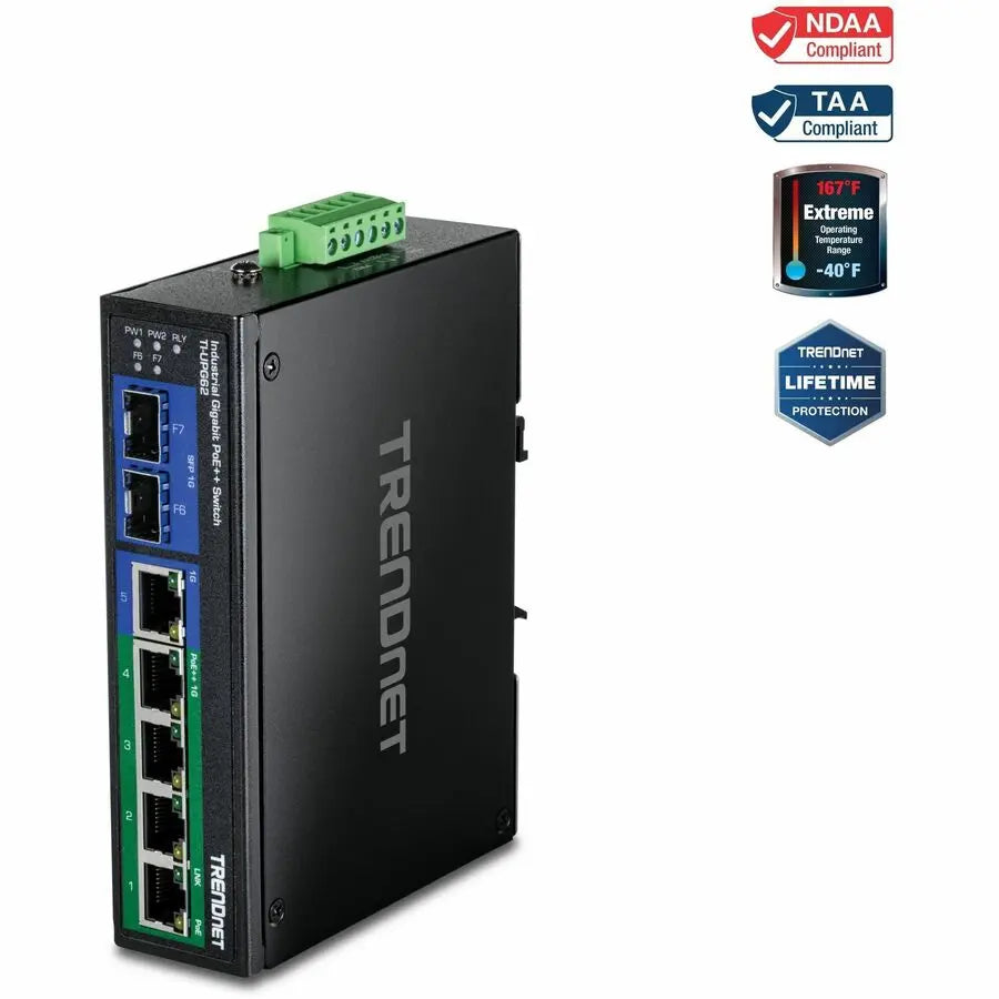 TRENDnet TI-UPG62 7-Port Industrial Gigabit PoE++ DIN-Rail Switch - 240W Power, Rugged IP50 Enclosure, TAA & NDAA Compliant