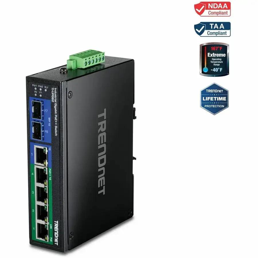 TRENDnet TI-UPG62 7-Port Industrial Gigabit PoE++ DIN-Rail Switch - 240W Power, Rugged IP50 Enclosure, TAA & NDAA Compliant by TRENDnet