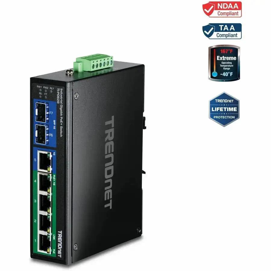 TRENDnet TI-PG62B 6-Port Industrial Gigabit PoE+ DIN-Rail Switch with Dual Power Inputs by TRENDnet