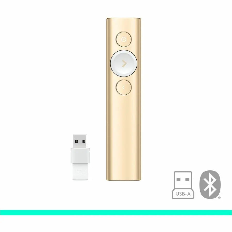Logitech Spotlight Presentation Remote - Universal Wireless Presentation Clicker with Laser Pointer, Advanced Digital Highlighting, Bluetooth, 30 m Range and Quick Charging, Gold