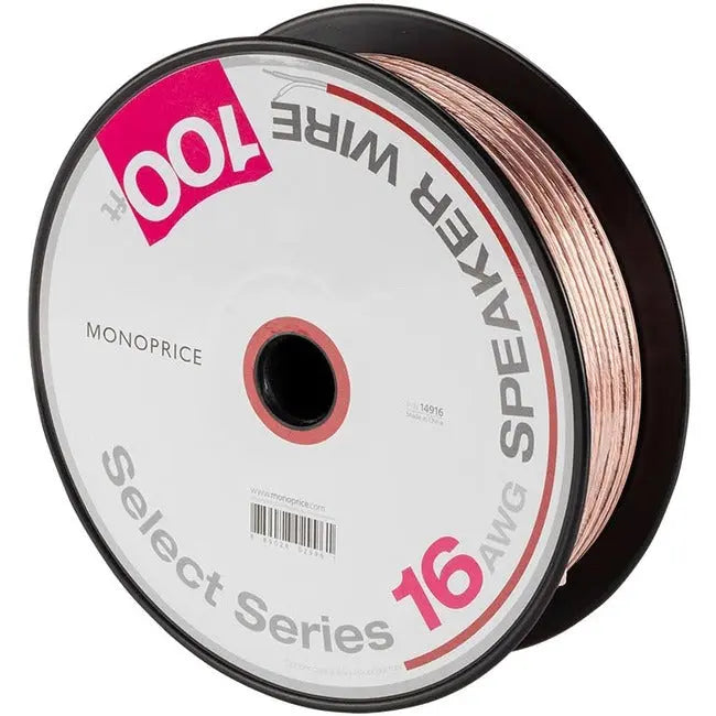 Monoprice Select Series 16AWG Speaker Wire, 100ft – Durable Audio Cable with Gold Plated Connectors