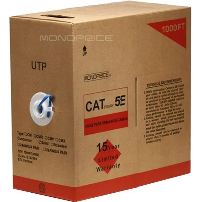 Monoprice Cat. 5e UTP Network Cable, 1000 ft Bulk Blue Ethernet Cable for Reliable Data Connectivity
