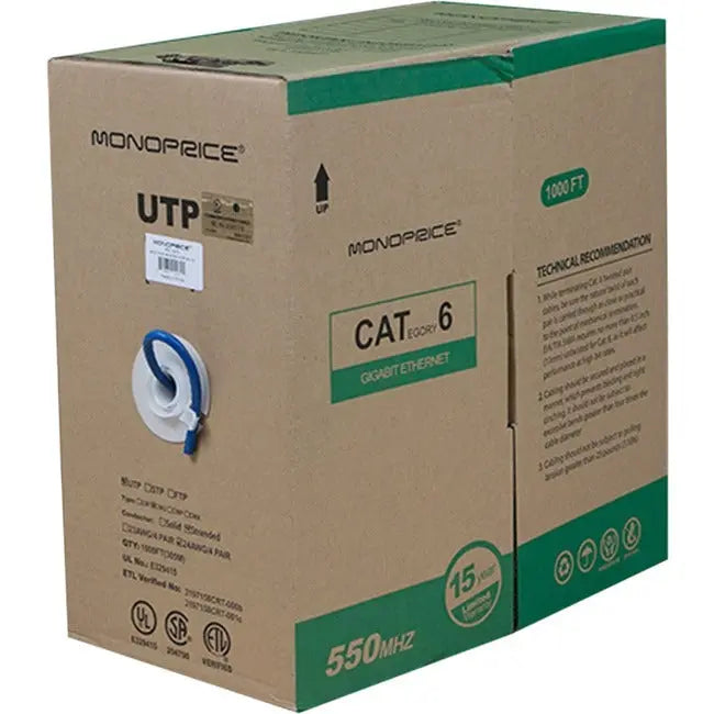 Monoprice Cat. 6 UTP Network Cable Bulk Roll - Blue, 1000 Feet for Reliable Ethernet Connections