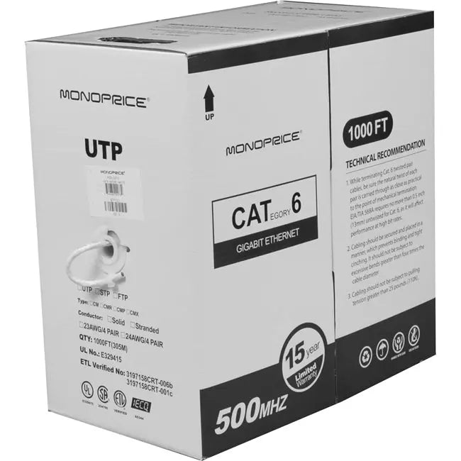Monoprice Cat. 6 UTP Network Cable – 1000 ft Bulk Ethernet Copper Cable for Reliable Data Transfer
