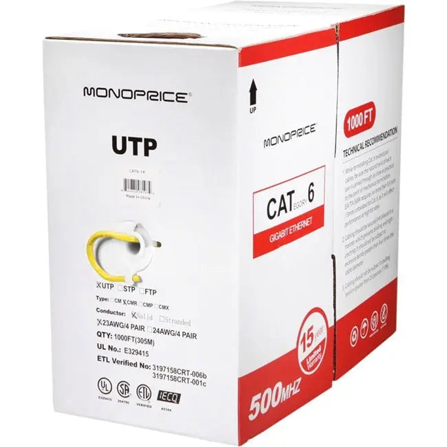 Monoprice Cat. 6 UTP Network Cable – 1000 ft Bulk Ethernet Cable for Reliable Data Transmission
