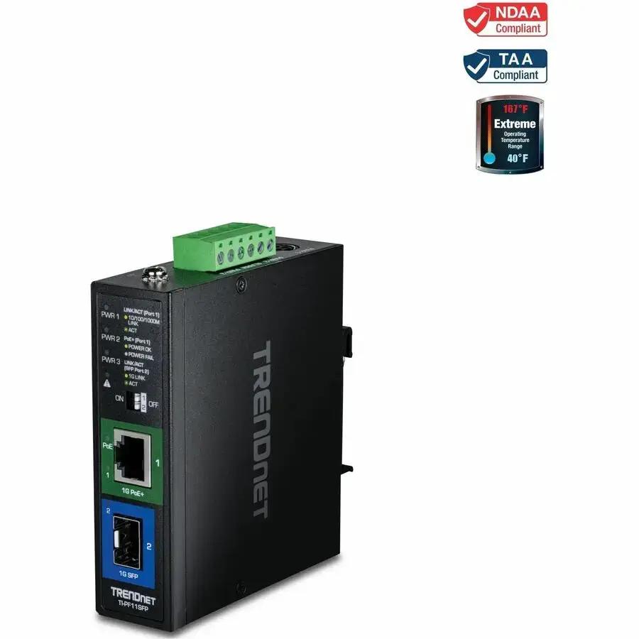 TRENDnet TI-PF11SFP Industrial SFP to Gigabit PoE+ Media Converter with Rugged IP50 Housing by TRENDnet