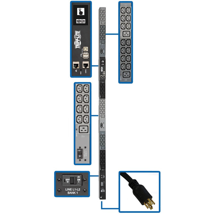 Eaton Corporation PDU3EVN6L1530B 10kW 3-Phase Monitored Power Distribution Unit with LCD Touchscreen and Rack Mount for Data Centers