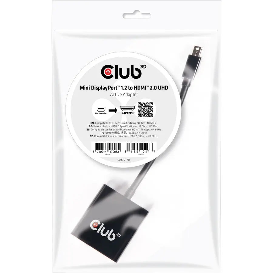 Club 3D CAC-2170 Mini DisplayPort 1.2 to HDMI 2.0 UHD Active Adapter for 4K@60Hz Video and Audio