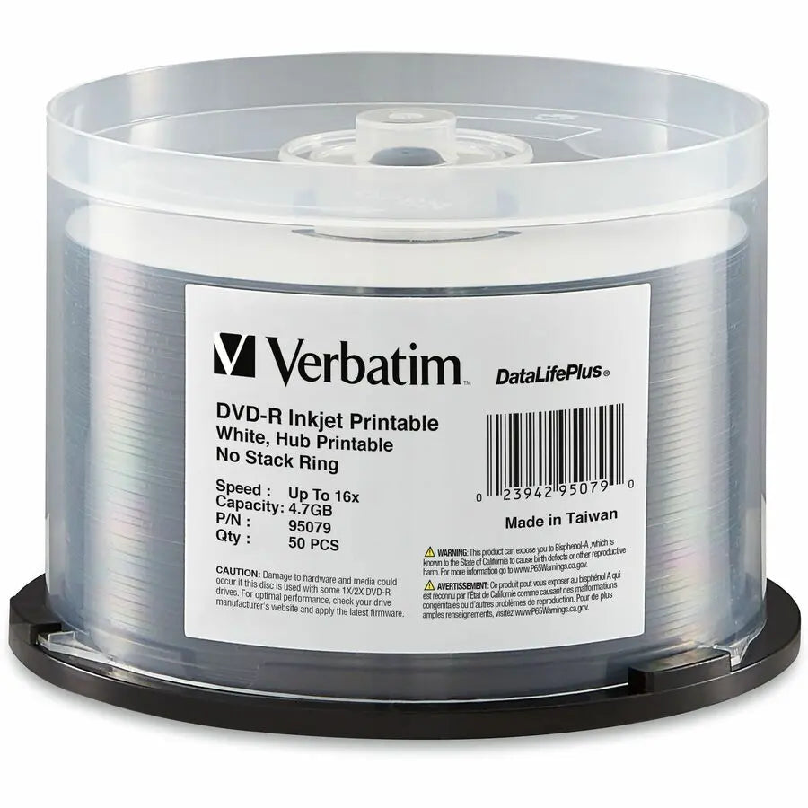 Verbatim DataLifePlus 95079 DVD-R 16x Printable DVD Discs – 4.7GB, 50 Pack, White Hub Inkjet Printable