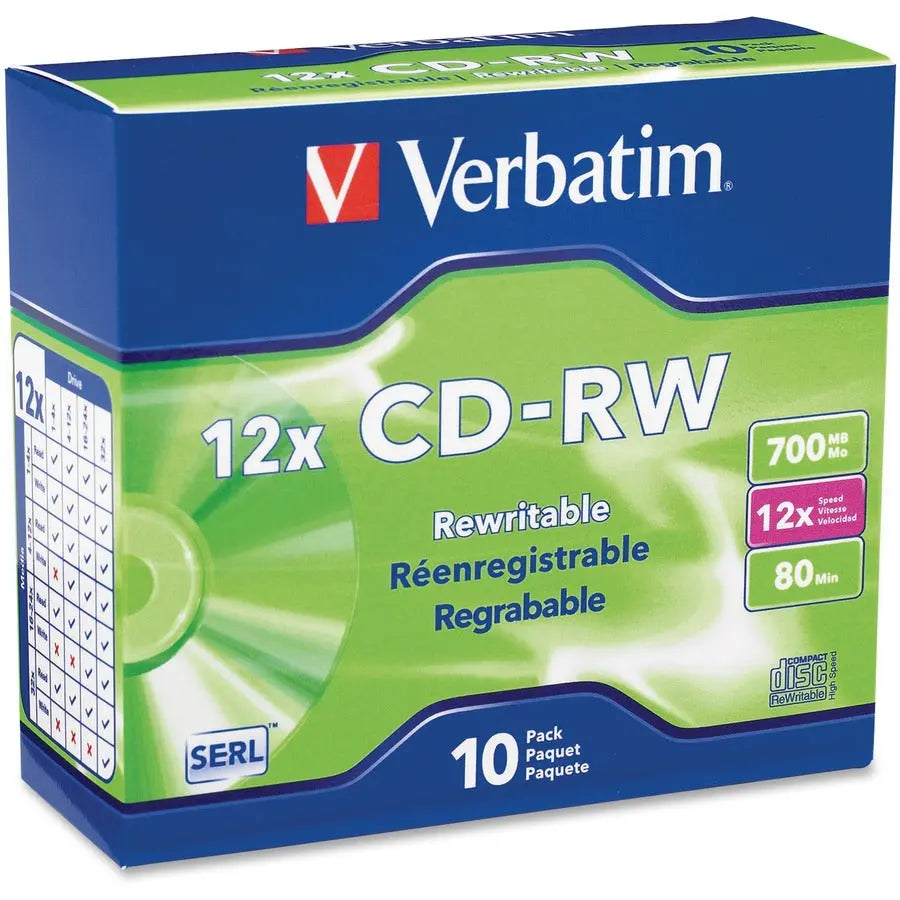 Verbatim CD-RW 700MB 4X-12X High Speed Rewritable Discs – 10 Pack Slim Case