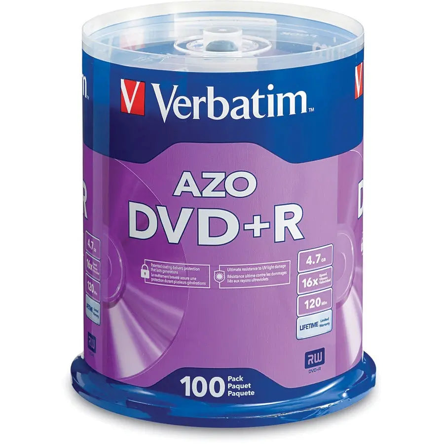 Verbatim 95098 AZO DVD+R 4.7GB 16X Recordable Media – 100 Pack Spindle