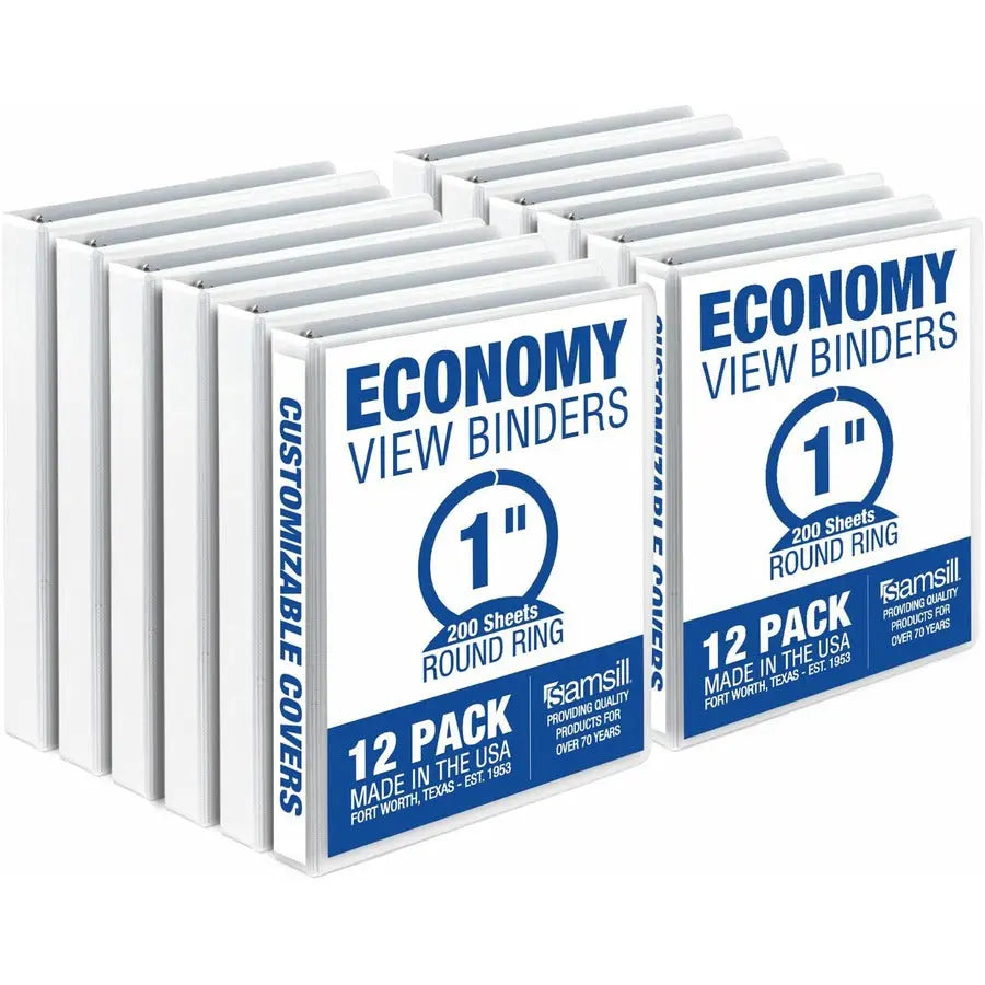 Samsill Economy 1 Inch 3-Ring View Binder with Customizable Cover - White, 12 Pack