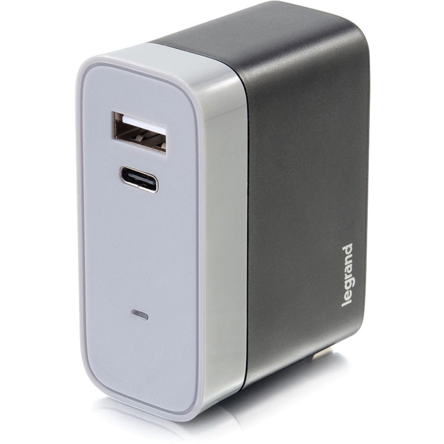 Legrand Group C2G 20280 2-Port USB-C and USB-A Wall Charger - Compact Travel Power Adapter with Foldable Prongs and LED Indicator