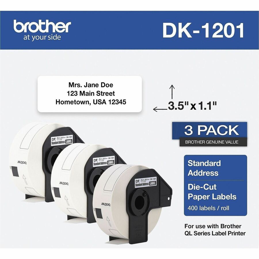 Brother DK-1201 Thermal Die-Cut Standard Address Labels – 400 Labels per Roll, White Paper for Brother QL Series Printers