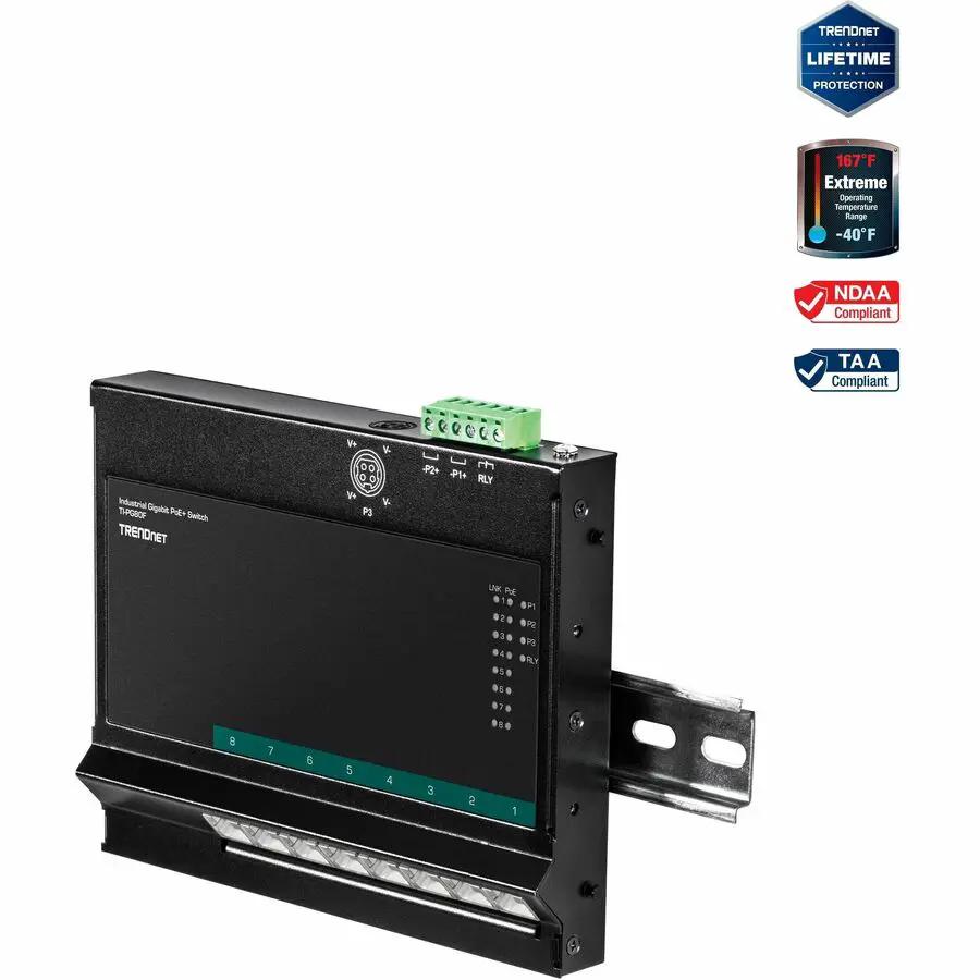 TRENDnet TI-PG80F 8-Port Industrial Gigabit PoE+ Wall-Mount Switch for Rugged Networking by TRENDnet