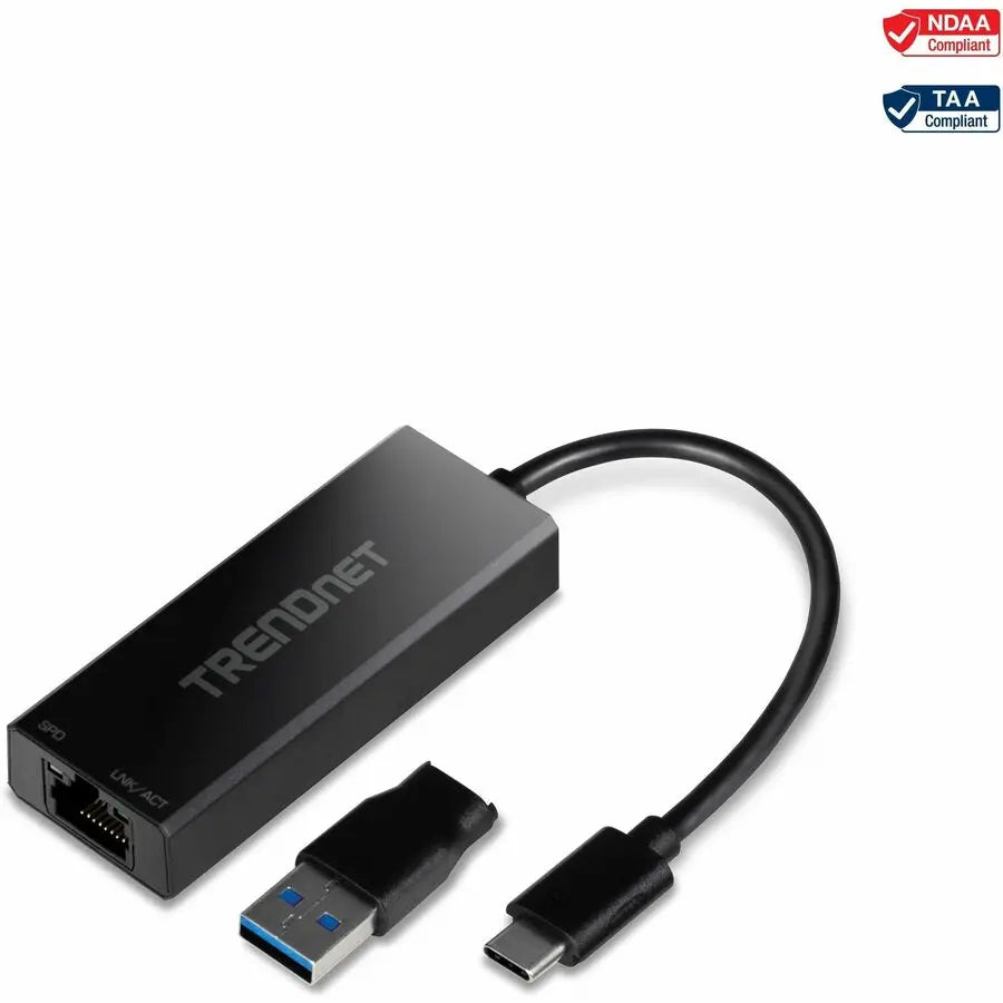 TRENDnet USB-C 3.1 to 2.5GBASE-T Ethernet Adapter, TUC-ET2G, NDAA & TAA Compliant, Windows & Mac Compatible, USB Type-C to USB-A Converter Included, Up to 2.5Gbps Speeds, Black