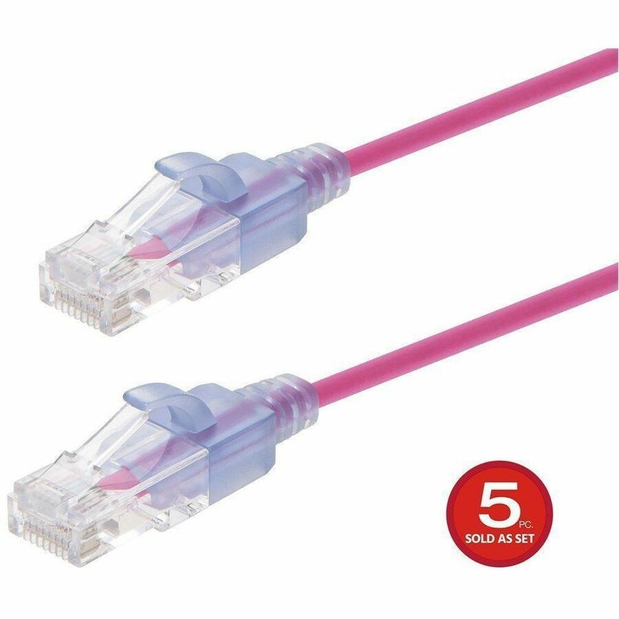 Monoprice SlimRun Patch UTP Category 6a Network Cable - 10G Performance, SlimDesign, Snagless RJ45 Connectors, Pink, 5-Pack