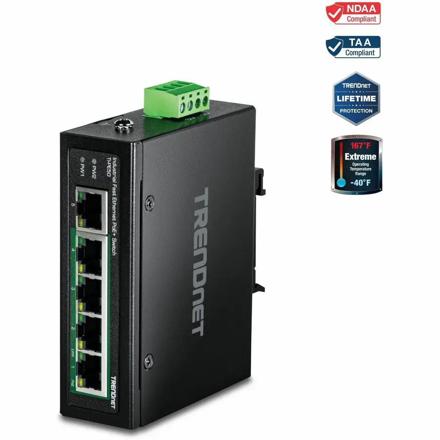 TRENDnet TI-PE50 5-Port Industrial Fast Ethernet PoE+ DIN-Rail Switch with Rugged IP50 Enclosure by TRENDnet