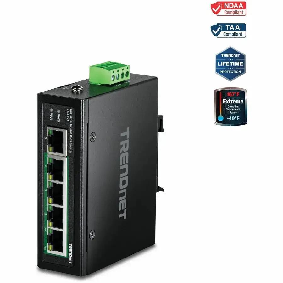 TRENDnet TI-PG50 5-Port Industrial Gigabit PoE+ DIN-Rail Switch with Rugged Metal Enclosure by TRENDnet