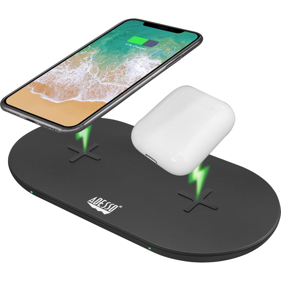 Adesso AUH-1040 15W Max Qi-Certified Dual 2-Coil Wireless Fast Charging Pad