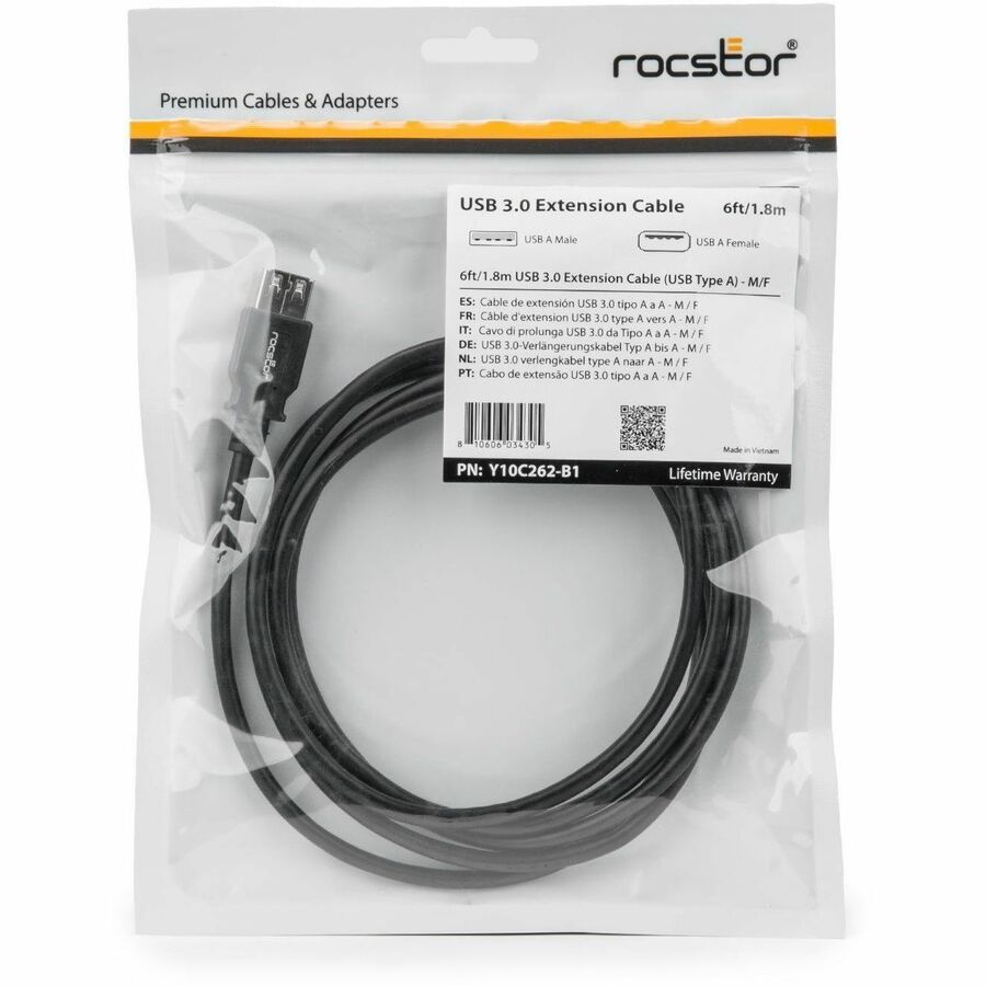 Rocstor Premier USB 3.0 Type A Extension Cable - 6ft Black