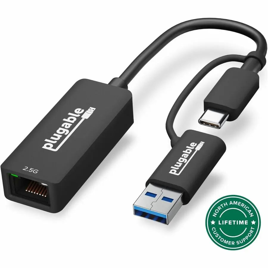 Plugable 2.5G USB-C and USB to Ethernet Adapter – Dual-Connector 2.5Gbps LAN for Windows, macOS, ChromeOS, and iOS