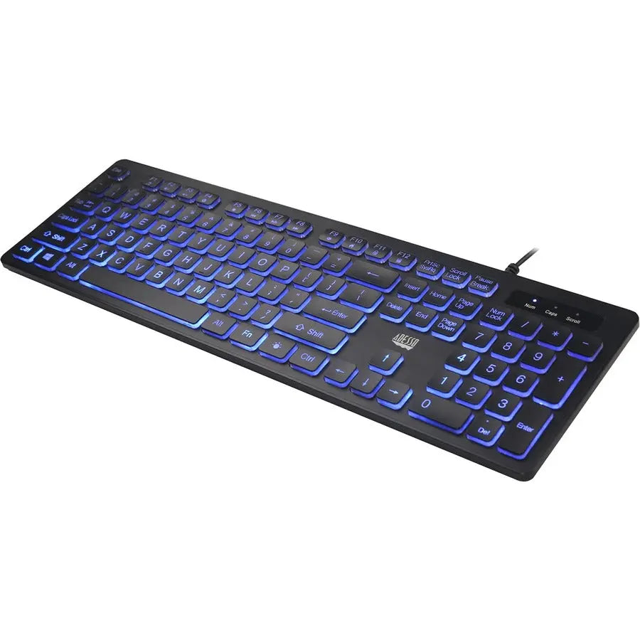 Adesso Large Print Illuminated Desktop Keyboard AKB-139EB with Blue LED Backlight and Multimedia Hotkeys