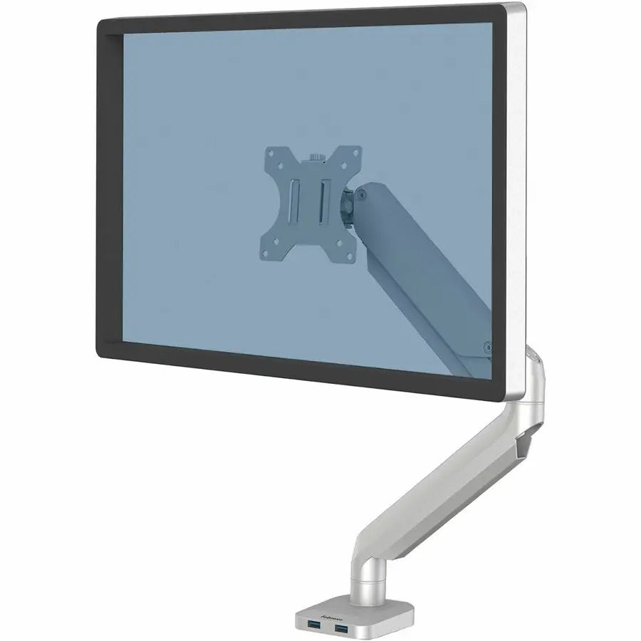 Fellowes Platinum Series High Quality Single Monitor Arm for 40-Inch Monitors, Full Motion, 360° Rotation, VESA Mount with Grommet or Clamp, USB Ports, Silver
