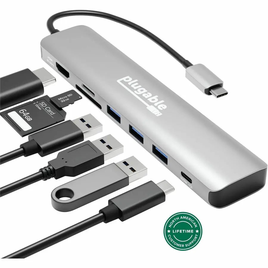 Plugable USB-C Hub 7-in-1 with 4K HDMI, USB 3.0 Ports, SD/MicroSD Card Reader, and 100W Power Delivery
