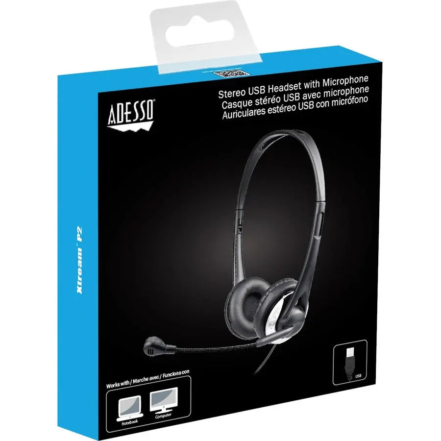 Adesso Xtream P2 USB Wired Stereo Headset with Noise-Canceling Microphone and Over-the-Head Design