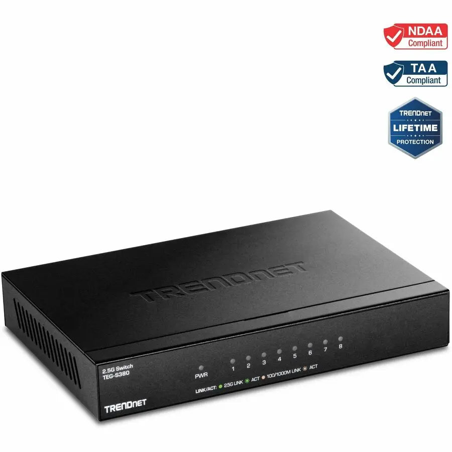 TRENDnet 8-Port 2.5Gb Multi-Gigabit Unmanaged Gaming Switch, TEG-S380, 8 x 2.5GBASE-T Ports, 25Gbps Switching Capacity, Ethernet Splitter, NDAA & TAA Compliant, Fanless, Lifetime Protection, Black