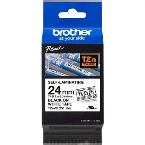 Brother P-touch TZESL251 Self-Laminating Tape – Durable Black on White ID Label for Indoor and Outdoor Use