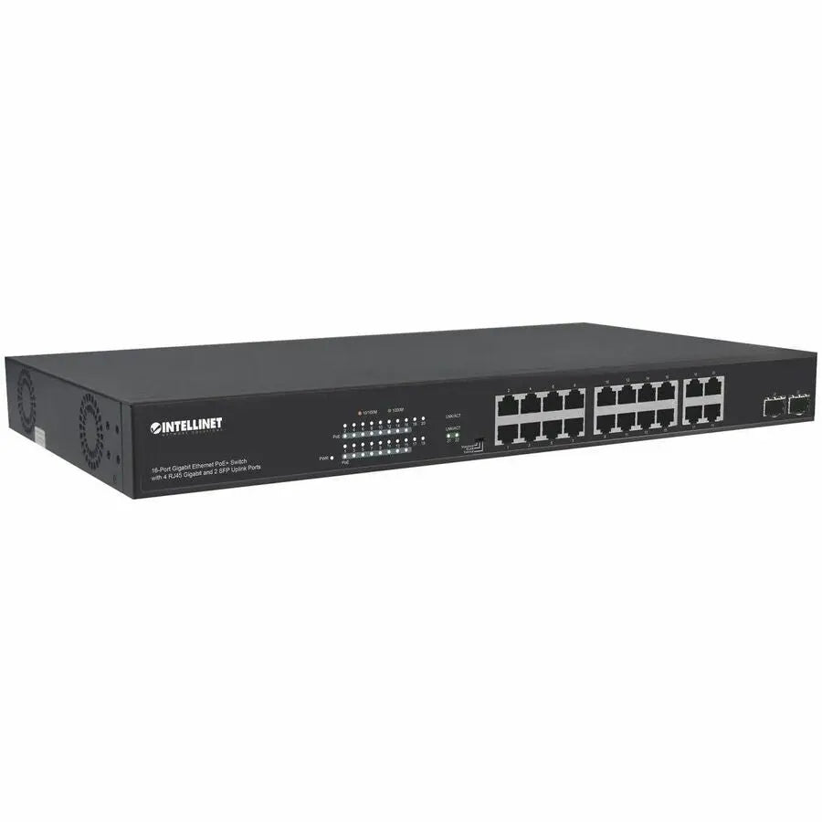 Intellinet 16-Port Gigabit Ethernet PoE+ Switch with 4 RJ45 and 2 SFP Uplink Ports