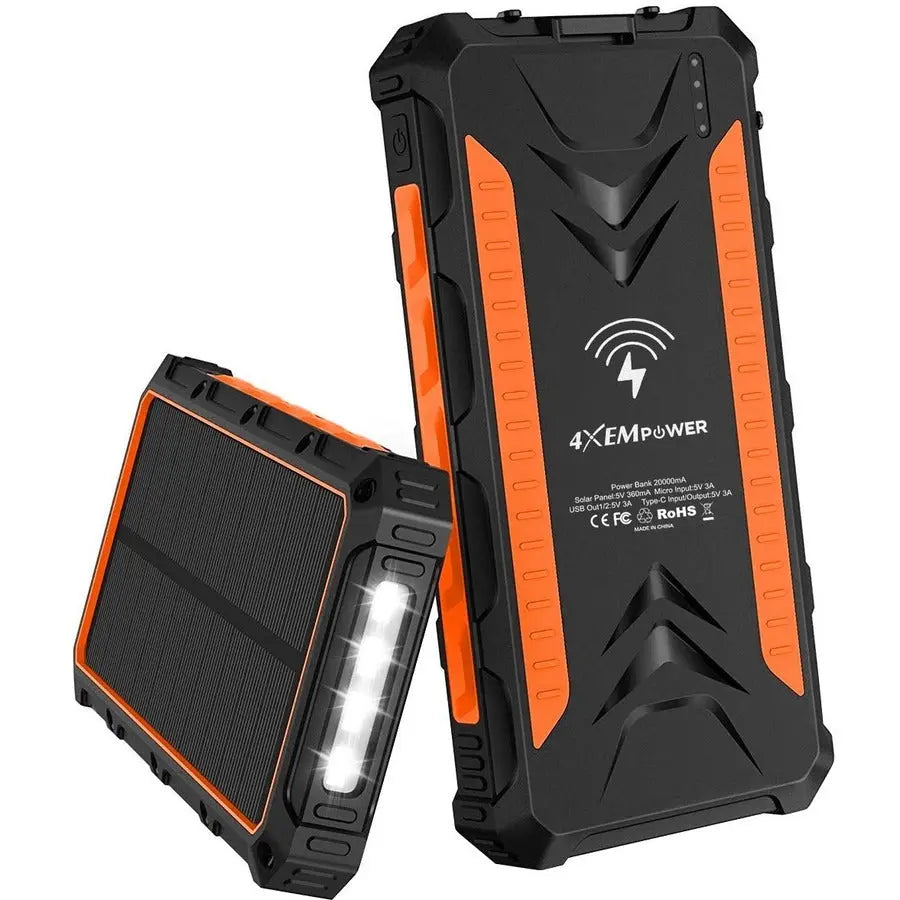 4XEM 20000mAh Solar Power Bank with USB Charging, Flashlight, and Multiple Connectors
