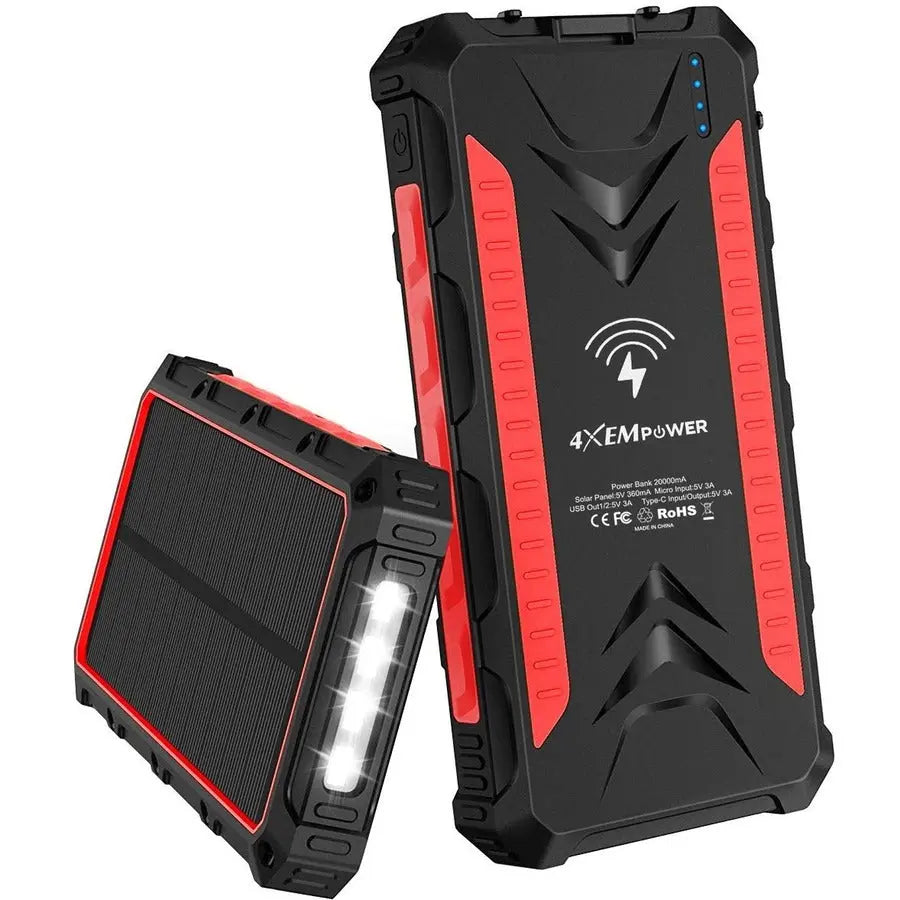 4XEM 20000mAh Solar Power Bank with LED Flashlight and Multiple Connectors