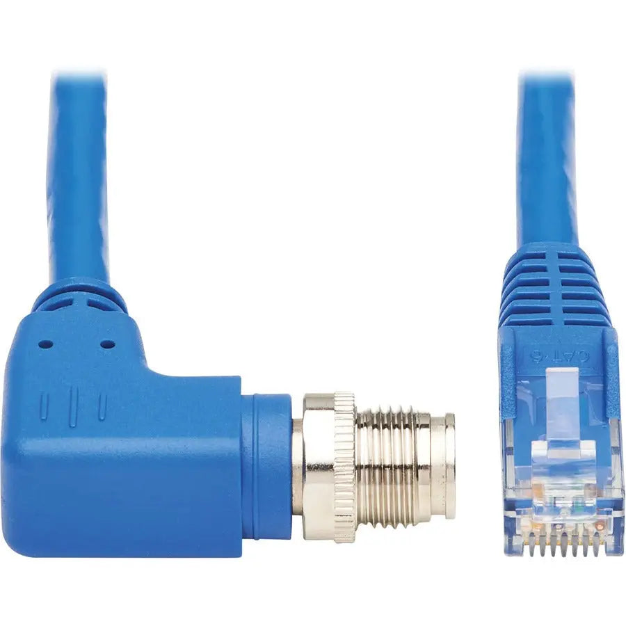 Eaton Tripp Lite Series NM12-604-02M-BL Cat6 Network Cable with M12 Connector, 2 Feet, IP68 Rated, Supports 60W PoE, Right-Angle Design, Blue Jacket