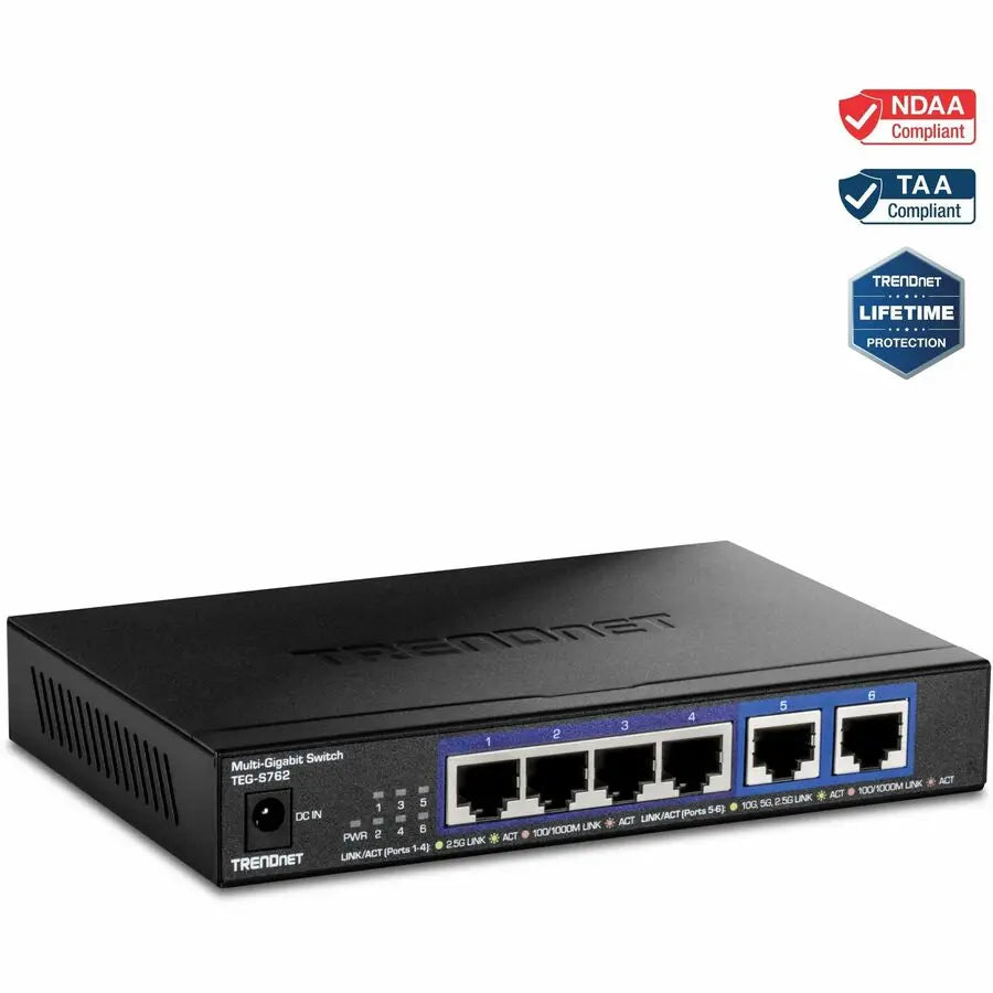 TRENDnet 6-Port 10G Switch, 4 x 2.5G RJ-45 Base-T Ports, TEG-S762, 2 x 10G RJ-45 Ports, 60Gbps Switching Capacity, Wall Mountable, Ethernet Splitter, NDAA & TAA Compliant, Lifetime Protection, Black