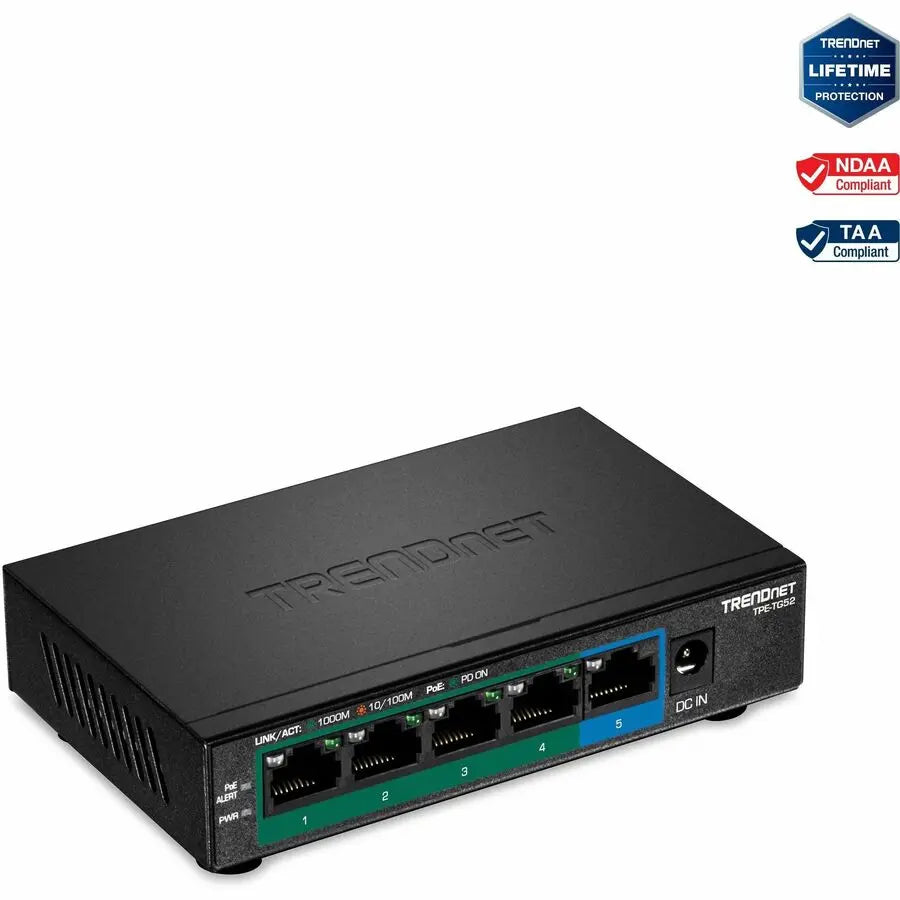 TRENDnet TPE-TG52 5-Port Gigabit PoE+ Switch with 32W Power Budget and Fanless Design