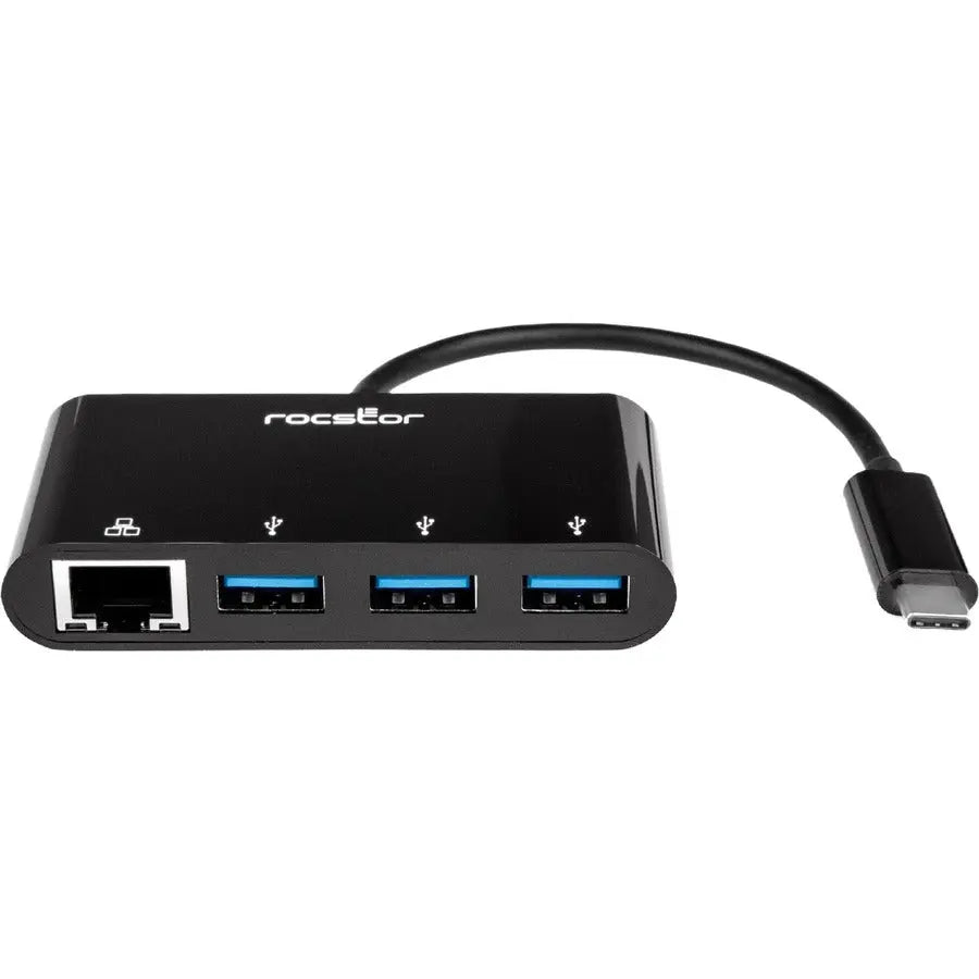 Rocstor Premium USB-C to USB-A 3-Port Hub with Gigabit Ethernet - Black