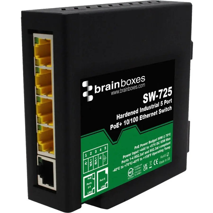 Brainboxes SW-725 Hardened Industrial 5 Port PoE+ 10/100 Ethernet Switch