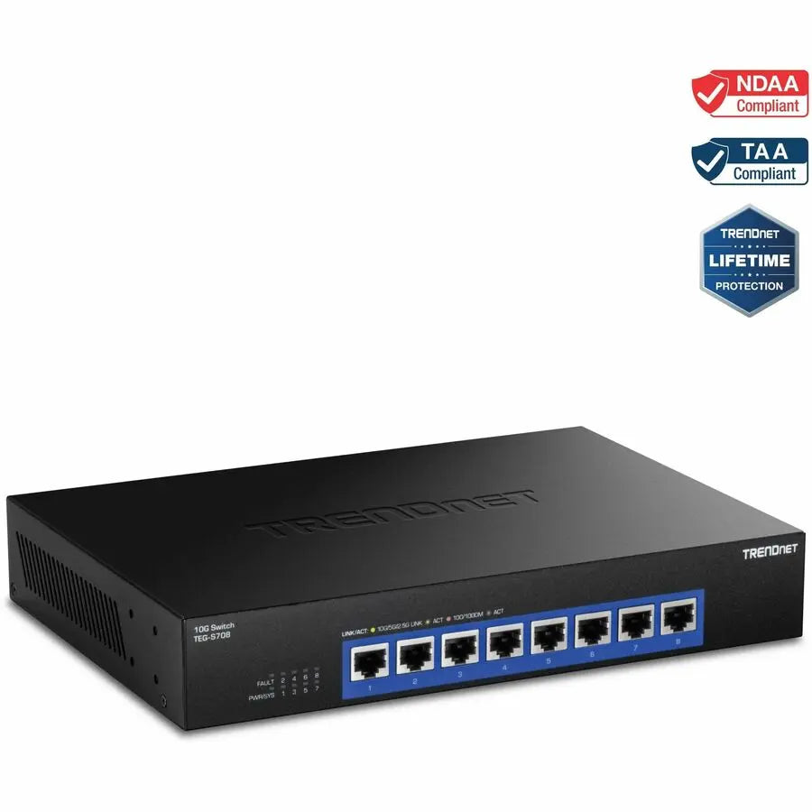 TRENDnet 8-Port 10G Switch, TEG-S708, 8 x 10G RJ-45 Ports, 160Gbps Switching Capacity Rack mountable, Ethernet Splitter, NDAA & TAA Compliant, Lifetime Protection, Black