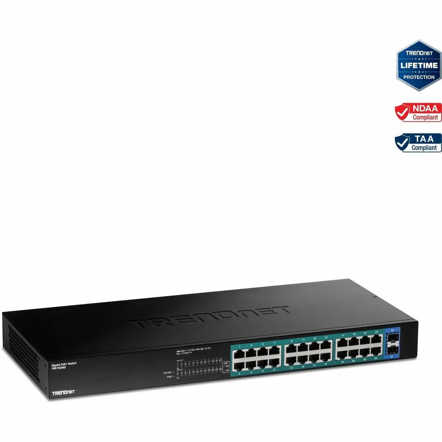 TRENDnet 26-Port Gigabit PoE+ Switch, 24 x 30W PoE+ Ports, 2 Gigabit SFP Slots, 380W PoE Budget, 52Gbps Switching Capacity, 1U 19" Rack Mountable, Lifetime Protection, Black, TPE-TG262