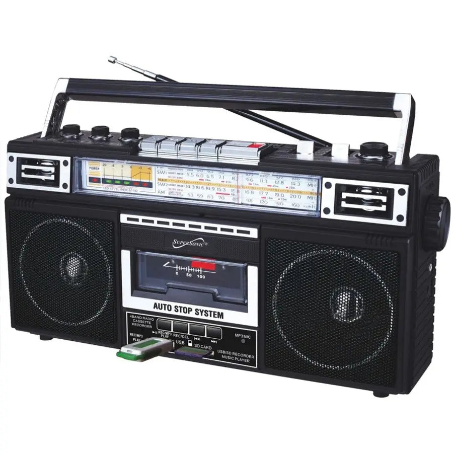 Supersonic SC-3201BT Black 4 Band Radio & Cassette Player with Bluetooth and MP3 Conversion