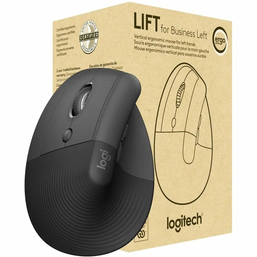 Logitech Lift for Business Left, Vertical Ergonomic Mouse - Left-handed, Wireless, Bluetooth or Secured Logi Bolt USB, Quiet clicks, Graphite