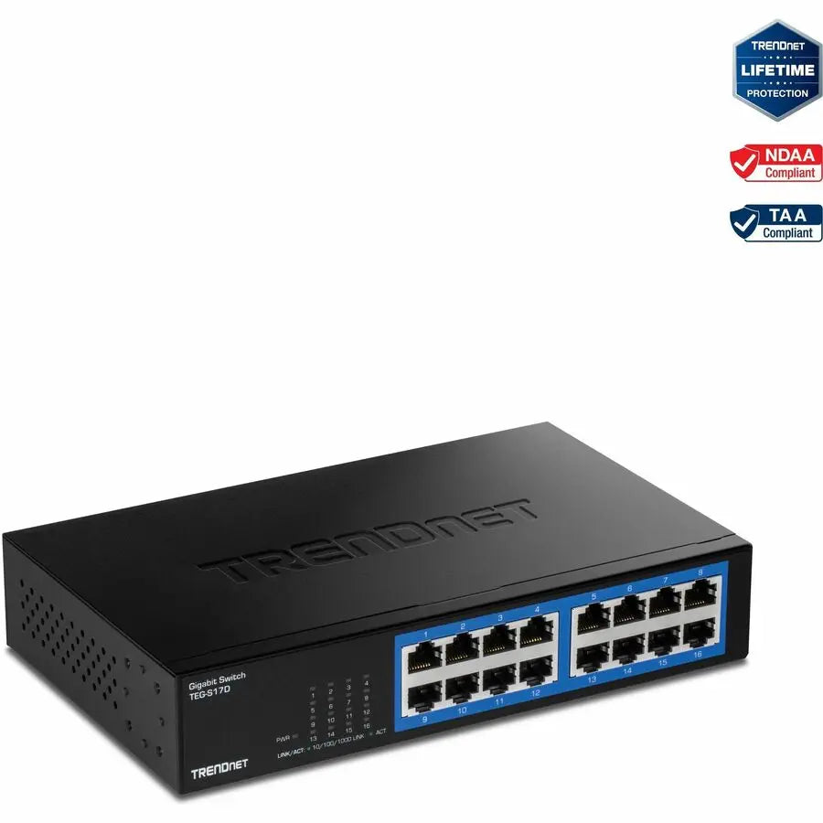 TRENDnet 16-Port Gigabit Desktop Switch, TEG-S17D, 16 x Gigabit RJ-45 Ports, 32Gbps Switching Capacity, Ethernet Splitter, NDAA & TAA Compliant, Internal Power Supply, Lifetime Protection, Black