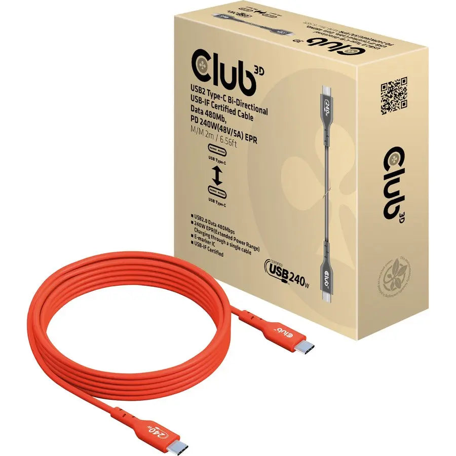 Club 3D CAC-1573 USB-C Data Transfer Cable – 2m, 240W Power Delivery, USB 2.0 Speed